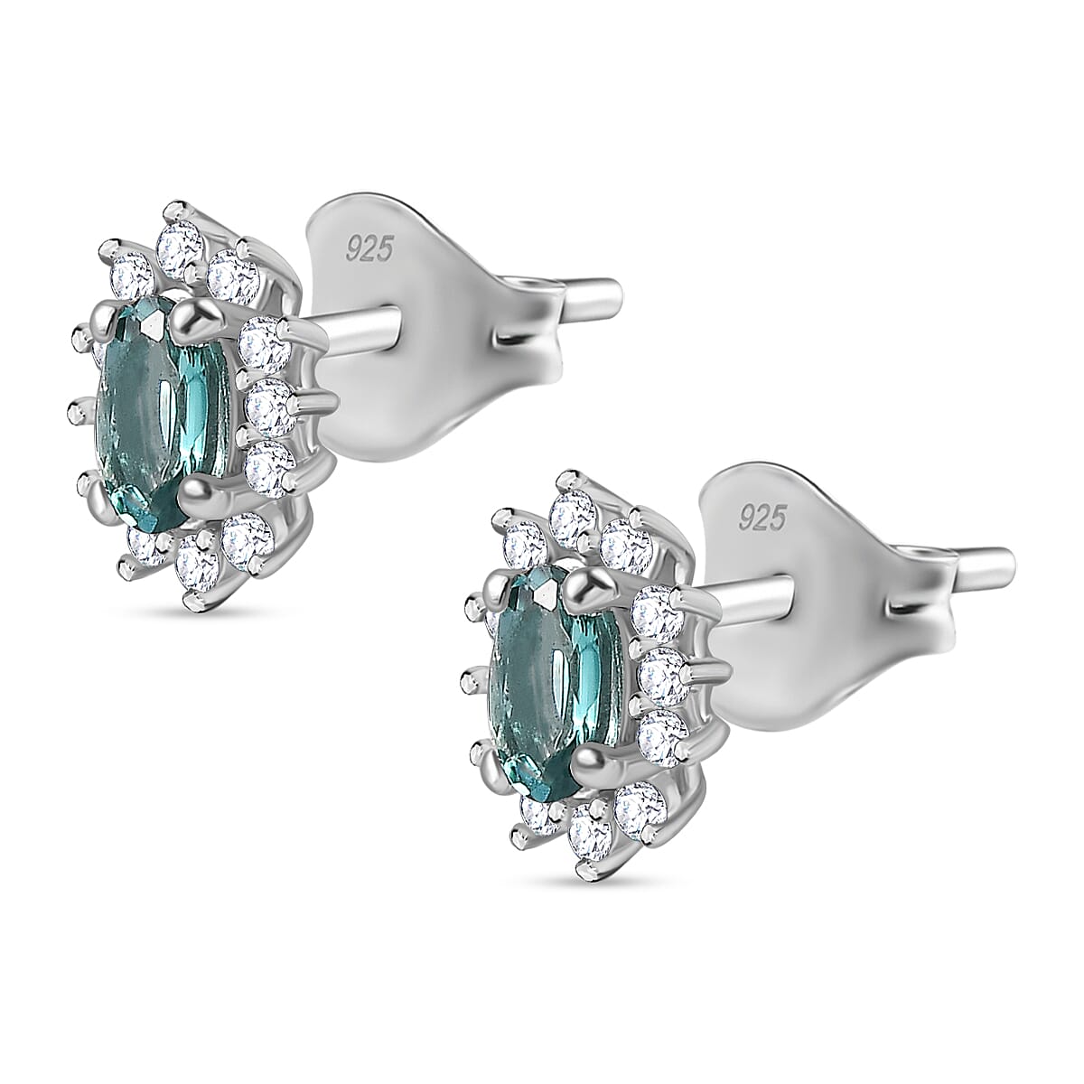 Lagoon Tourmaline &amp; Moissanite Solitaire Stud Earring (With Push Back) in Rhodium Overlay Sterling Silver 7930318 4