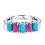 Lagoon Turquoise & African Ruby Five Stone Ring in Platinum Overlay Sterling Silver 1.65 Ct.