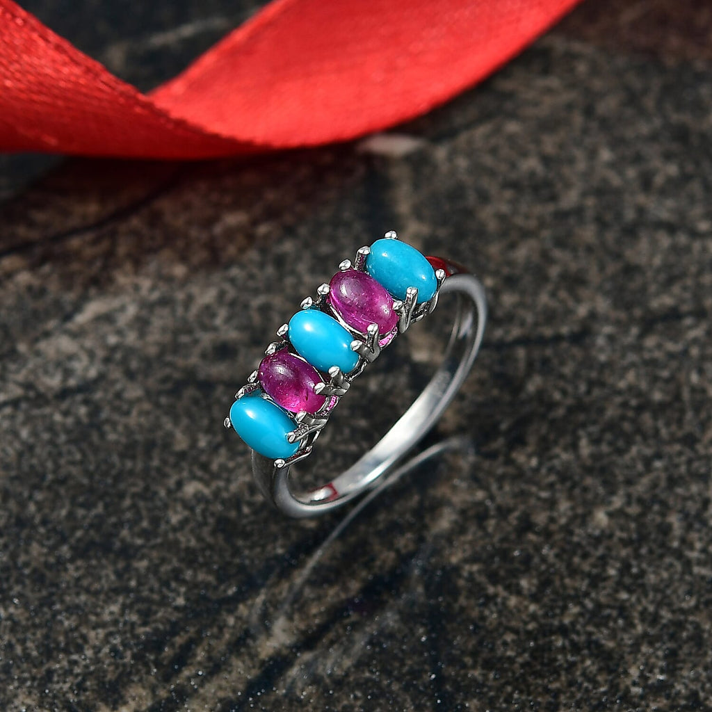 Lagoon Turquoise & African Ruby Five Stone Ring in Platinum Overlay Sterling Silver 1.65 Ct.