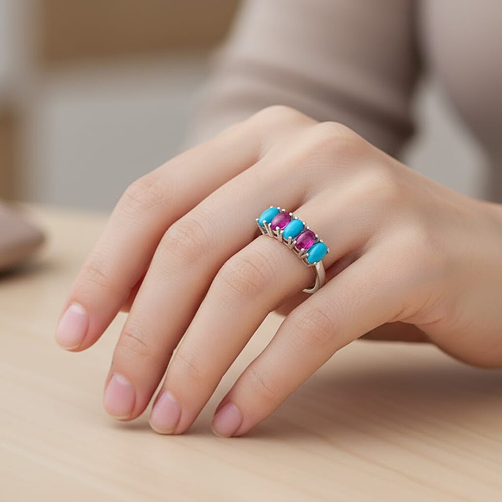 Lagoon Turquoise, African Ruby 5-Stone Ring in Platinum Overlay Sterling Silver 1.65 Ct. 8216062 3