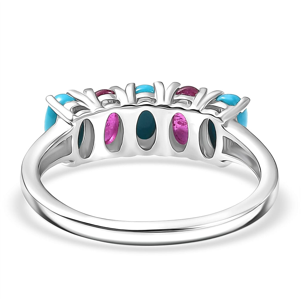 Lagoon Turquoise & African Ruby Five Stone Ring in Platinum Overlay Sterling Silver 1.65 Ct.