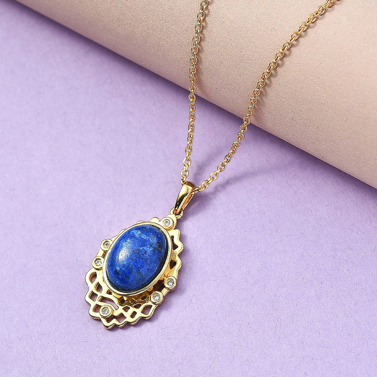 Lapis Lagoon &amp; White Zircon Filigree Pendant with Chain (Size - 20) in Yellow Gold Tone 7.12 Ct. 4429794 2