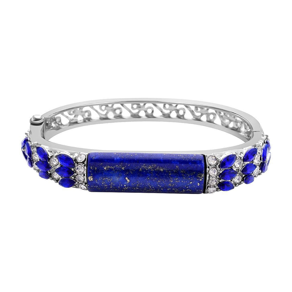 Lapis Lazuli , Blue Diamond and White Austrian Crystal Bangle (Size - 7) in Silver Tone.