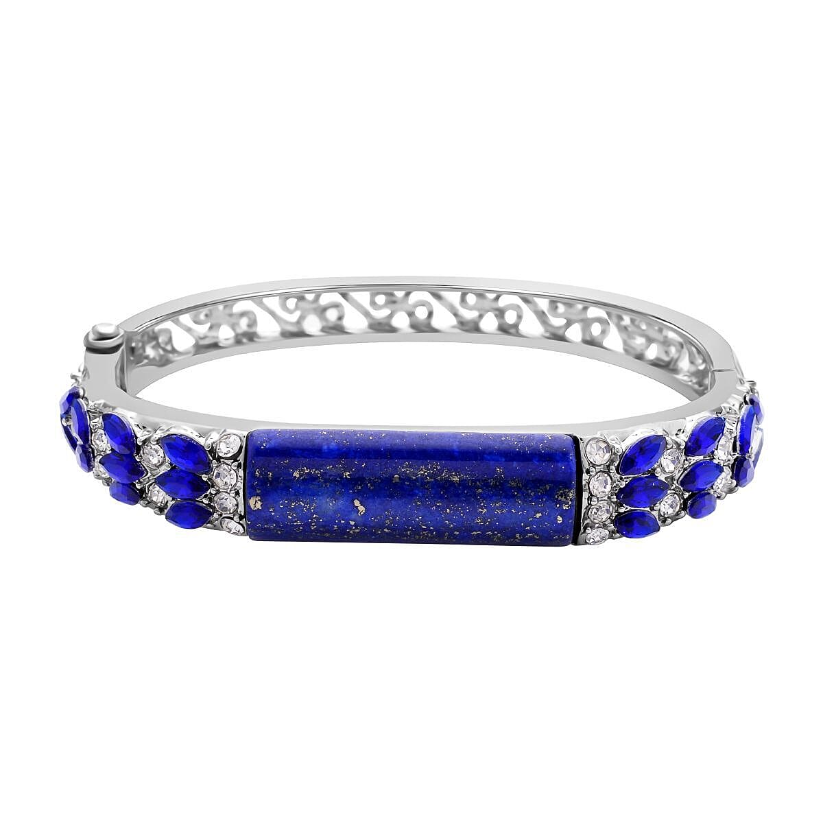 Lapis Lazuli , Blue Diamond and White Austrian Crystal Bangle (Size - 7) in Silver Tone. 7273461 0