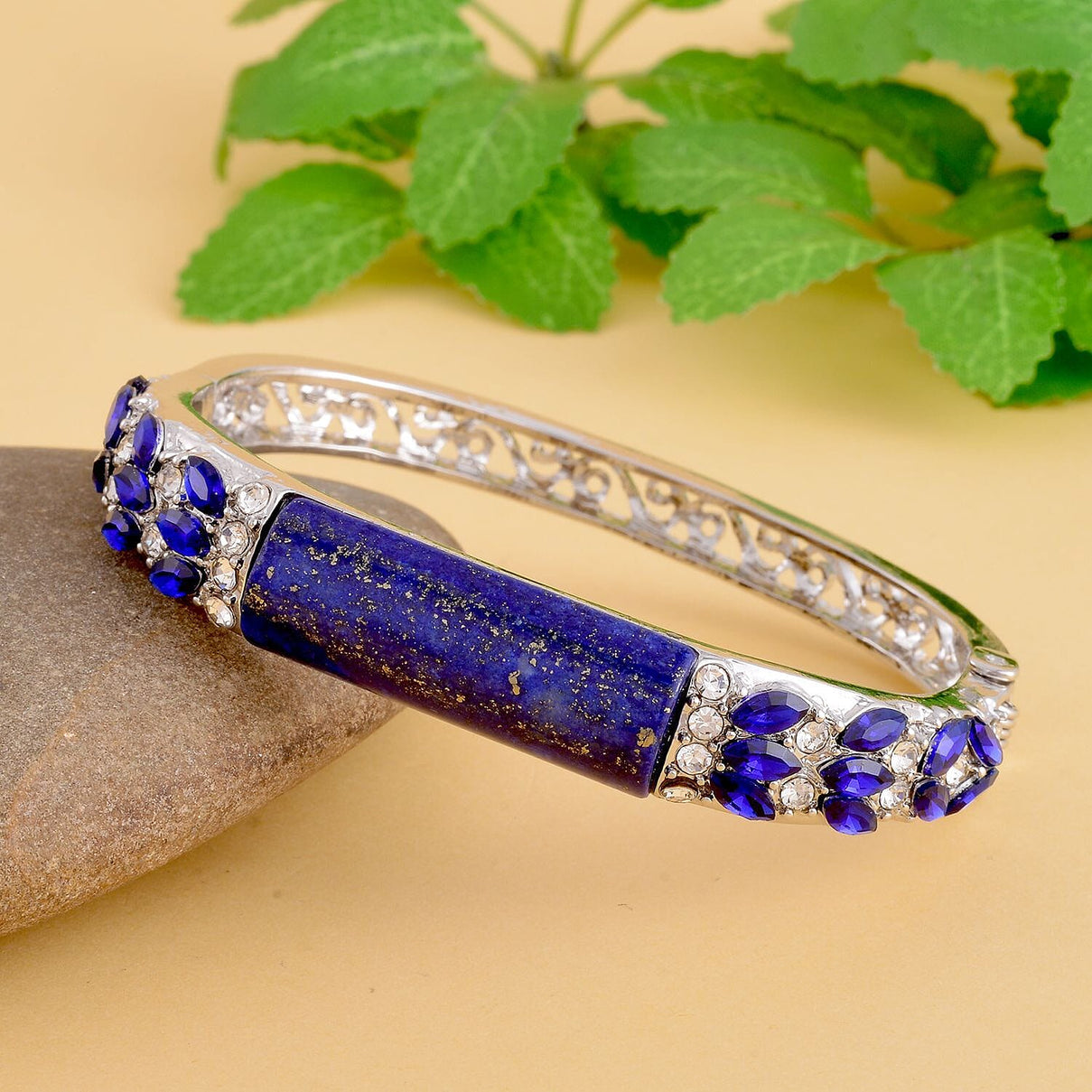 Lapis Lazuli , Blue Diamond and White Austrian Crystal Bangle (Size - 7) in Silver Tone. 7273461 1