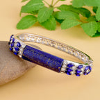 Lapis Lazuli , Blue Diamond and White Austrian Crystal Bangle (Size - 7) in Silver Tone.