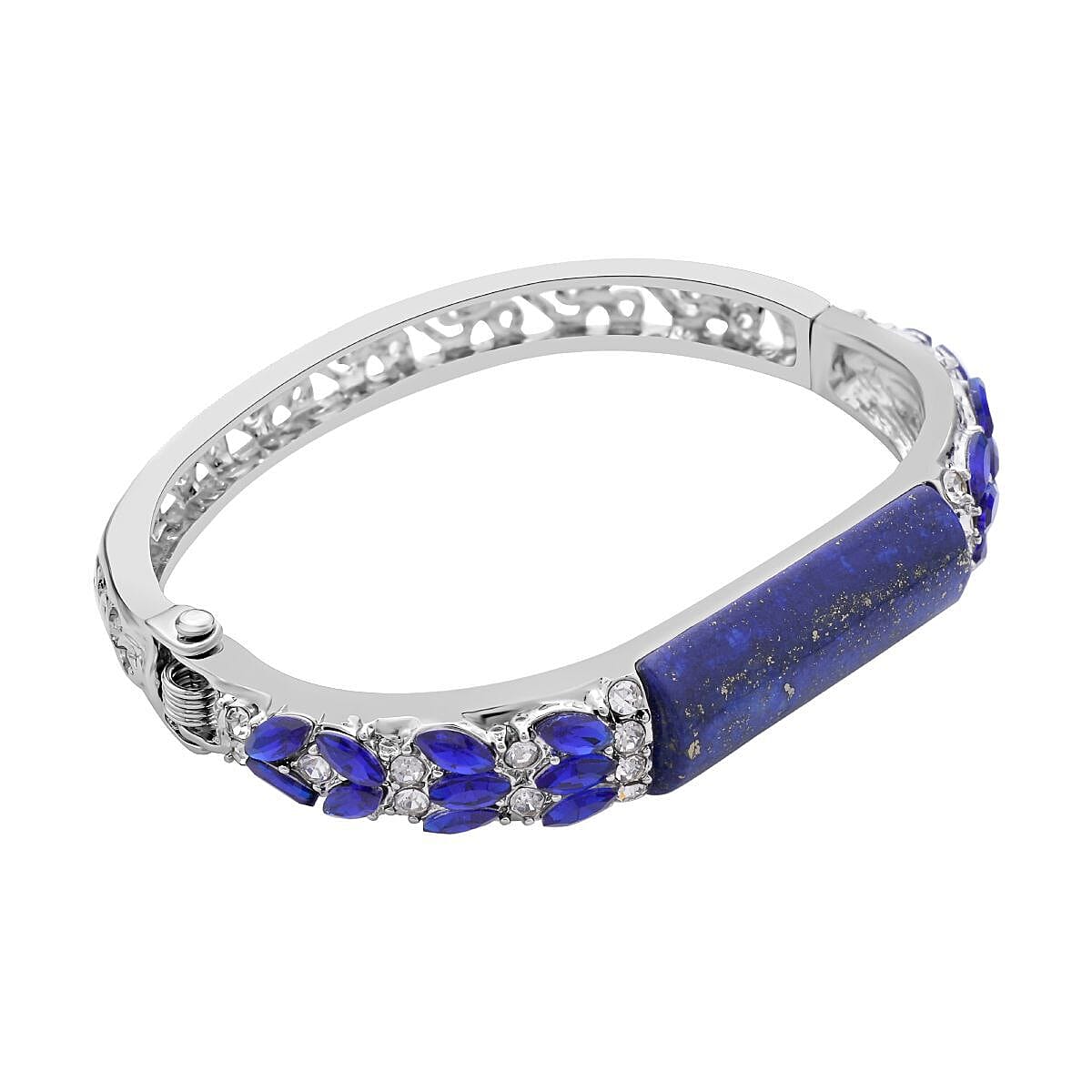 Lapis Lazuli , Blue Diamond and White Austrian Crystal Bangle (Size - 7) in Silver Tone. 7273461 2