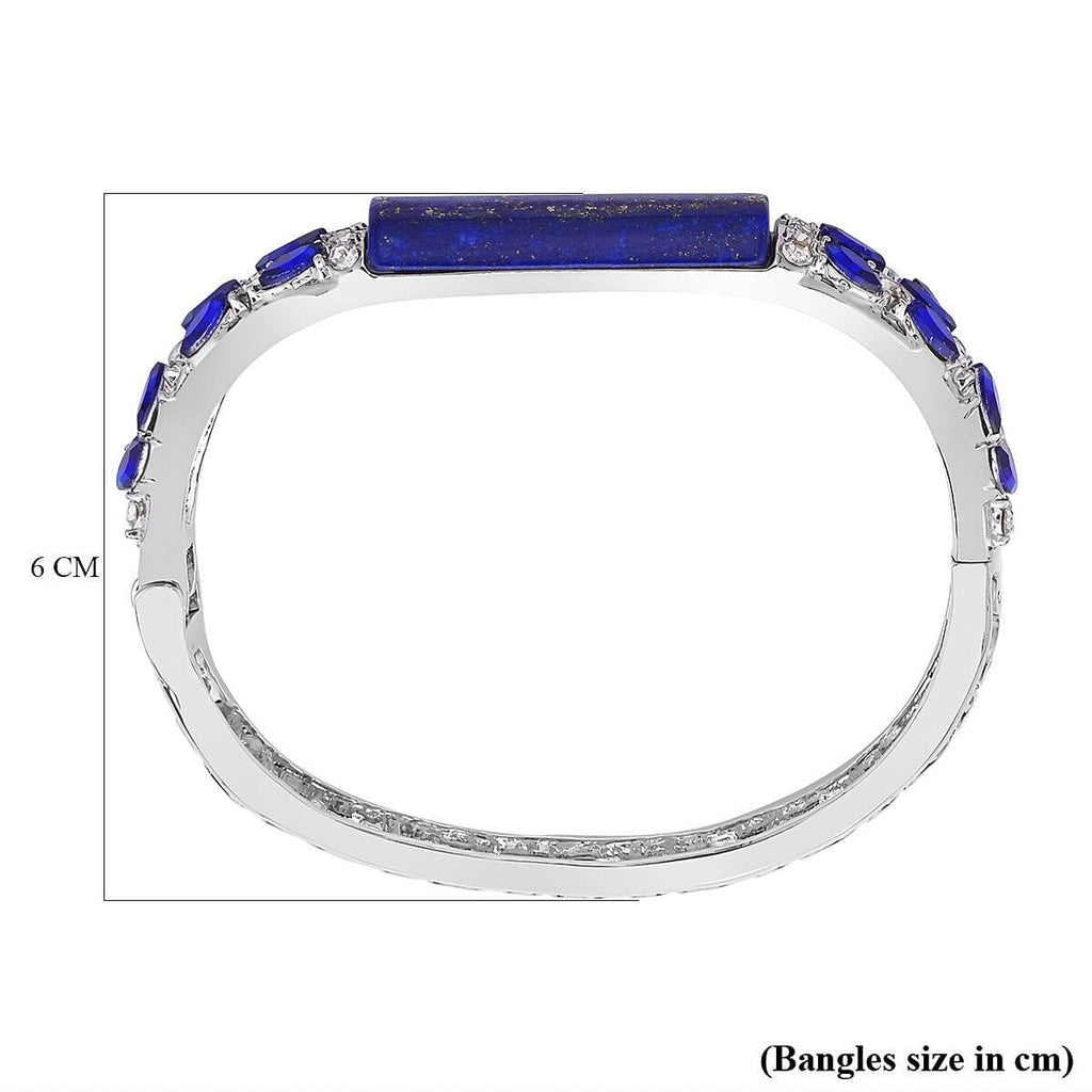 Lapis Lazuli , Blue Diamond and White Austrian Crystal Bangle (Size - 7) in Silver Tone.