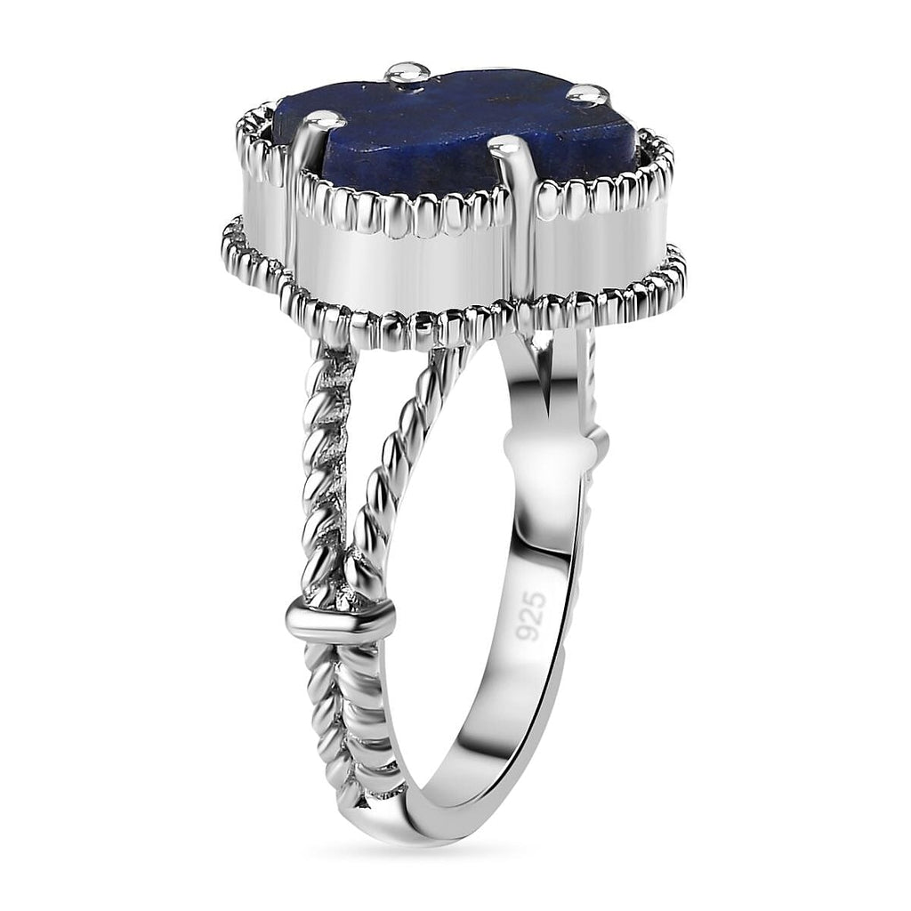 Lapis Lazuli Clover Leaf Ring in Platinum Overlay Sterling Silver 6.18 Ct.