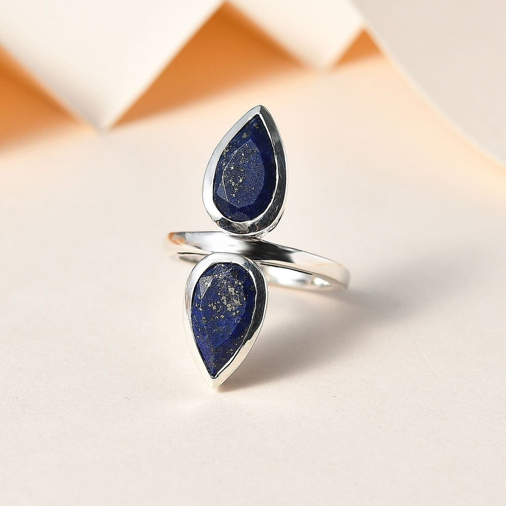 Lapis Lazuli Drop Ring in Platinum Overlay Sterling Silver 5.10 Ct, Silver Wt. 5.75 Gms