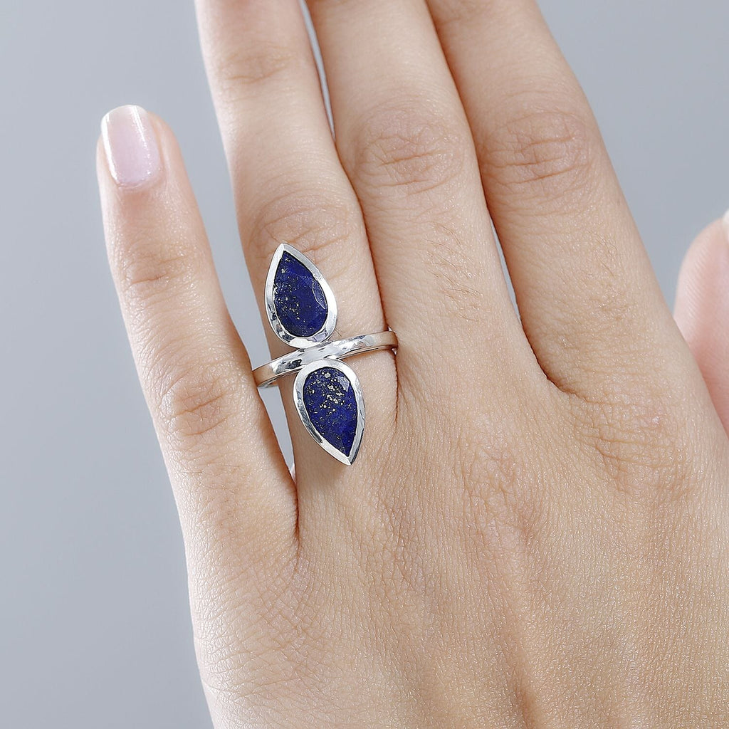Lapis Lazuli Drop Ring in Platinum Overlay Sterling Silver 5.10 Ct, Silver Wt. 5.75 Gms