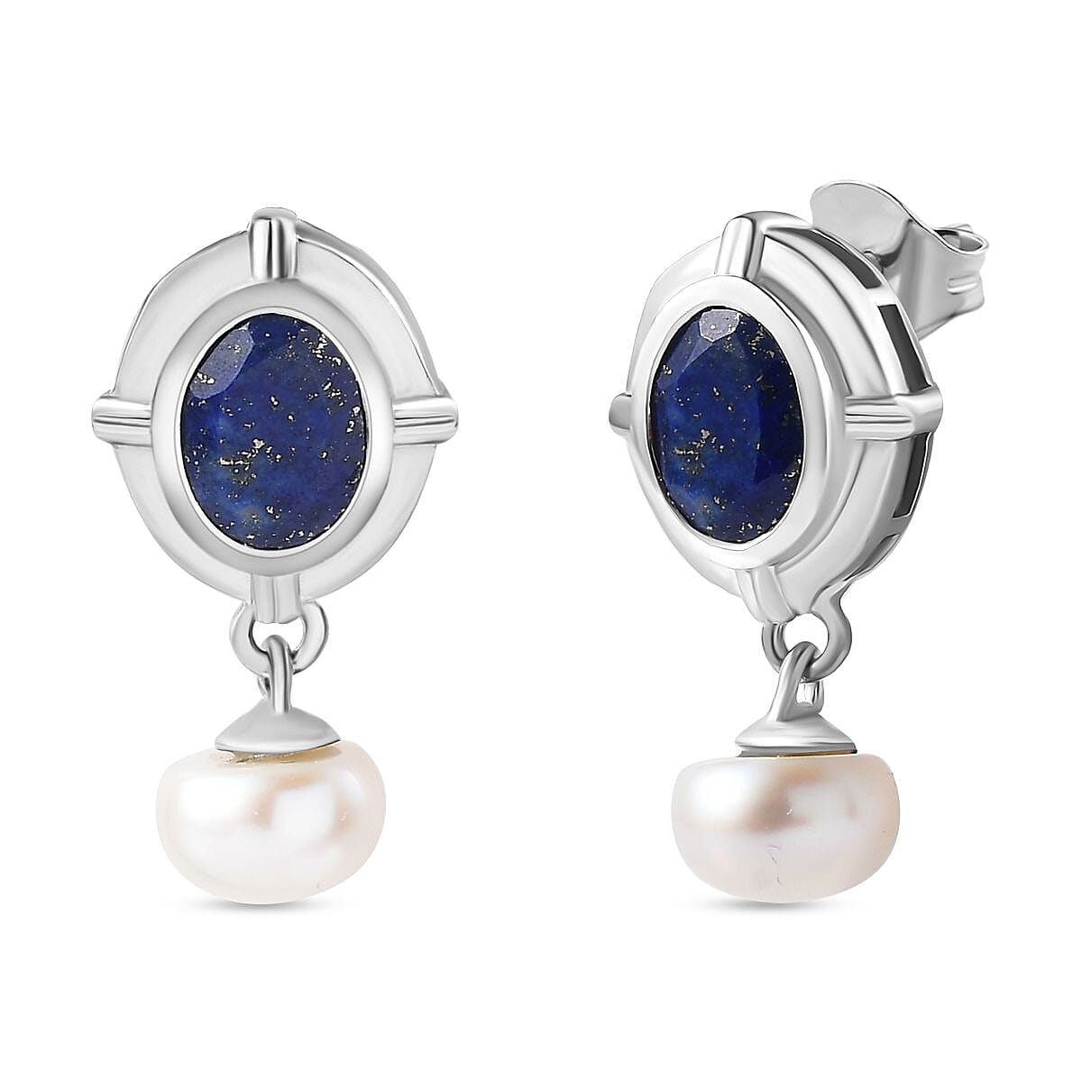 Lapis Lazuli &amp; Fresh Water Pearl Dangle Earrings in Platinum Overlay Sterling Silver 8.05 Ct 7722198 0