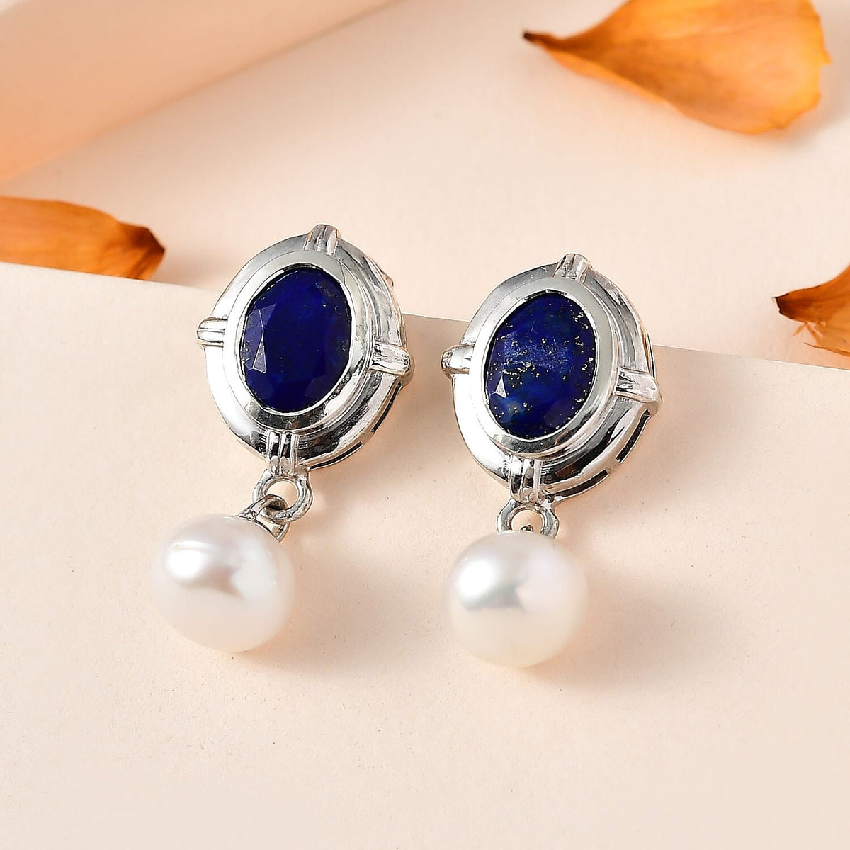 Lapis Lazuli &amp; Fresh Water Pearl Dangle Earrings in Platinum Overlay Sterling Silver 8.05 Ct 7722198 1