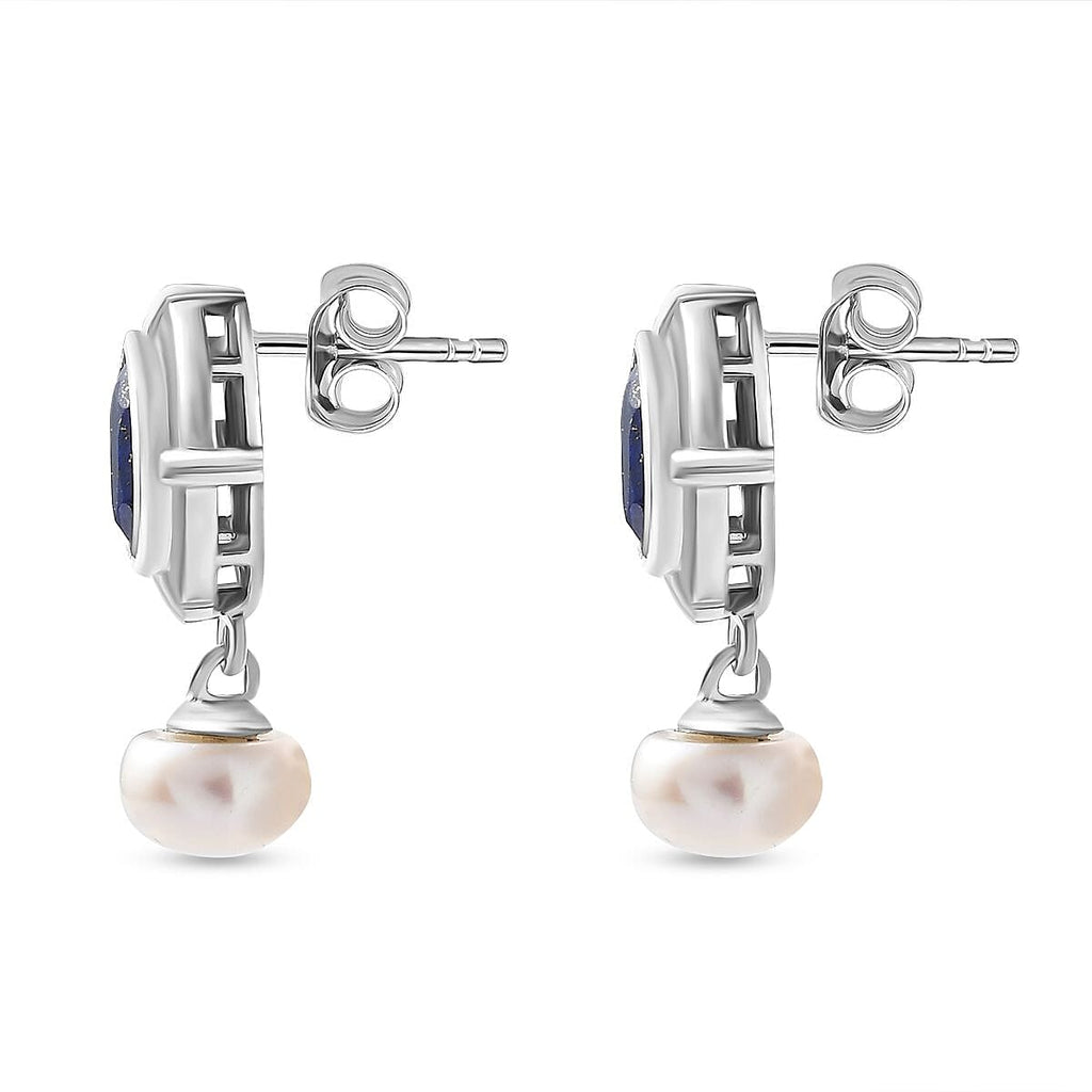 Lapis Lazuli & Fresh Water Pearl Dangle Earrings in Platinum Overlay Sterling Silver 8.05 Ct