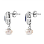 Lapis Lazuli & Fresh Water Pearl Dangle Earrings in Platinum Overlay Sterling Silver 8.05 Ct