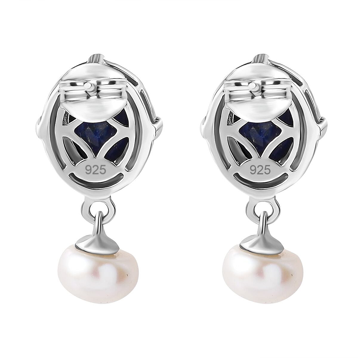 Lapis Lazuli &amp; Fresh Water Pearl Dangle Earrings in Platinum Overlay Sterling Silver 8.05 Ct 7722198 4