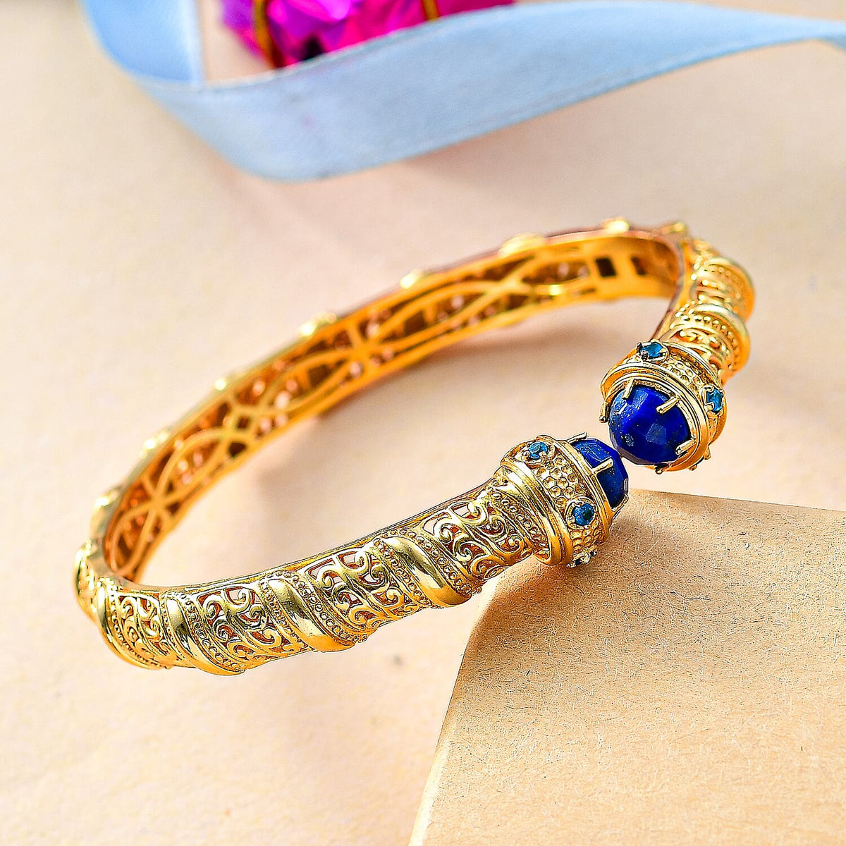 Designer Inspired- Lapis Lazuli and Neon Apatite Full Bangle (Size 7.5) in Yellow Gold Tone 5.28 Ct. 7760041 1
