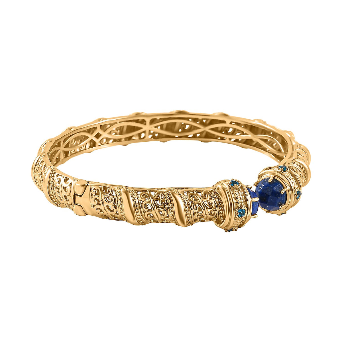 Designer Inspired- Lapis Lazuli and Neon Apatite Full Bangle (Size 7.5) in Yellow Gold Tone 5.28 Ct. 7760041 3