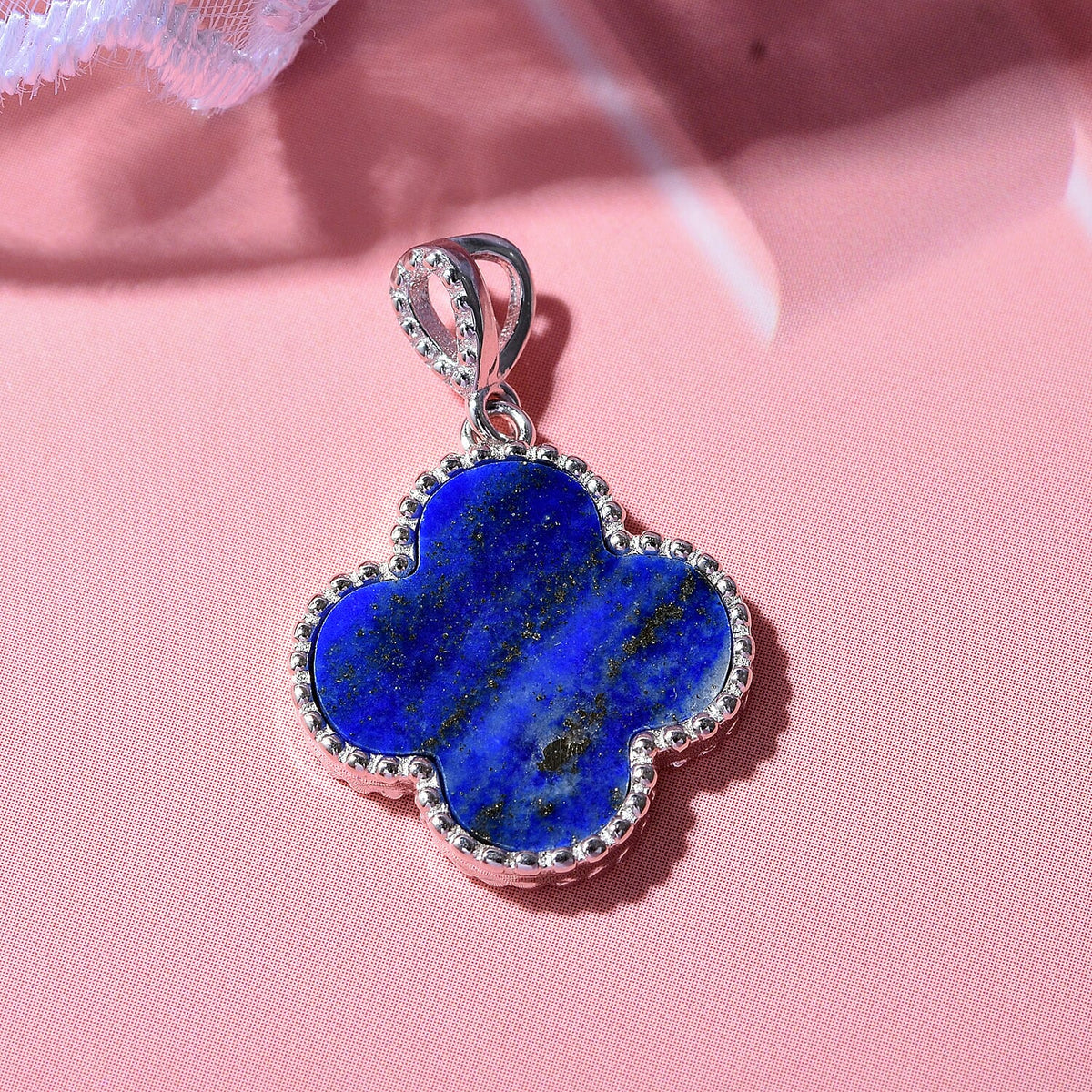 Designer Inspired Lapis Lazuli Clover Pendant in Rhodium Overlay Sterling Silver 7813867 2
