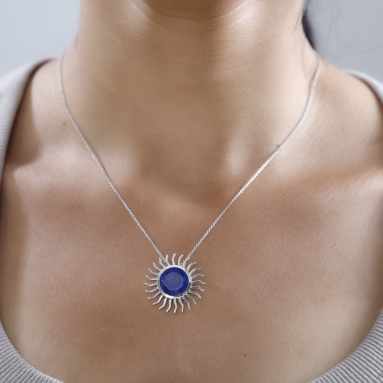 Lapis Lazuli Sun Pendant with Chain (Size 20) in Platinum Overlay Sterling Silver 6.75 Ct, Silver Wt. 6.70 Gms 4252478 1