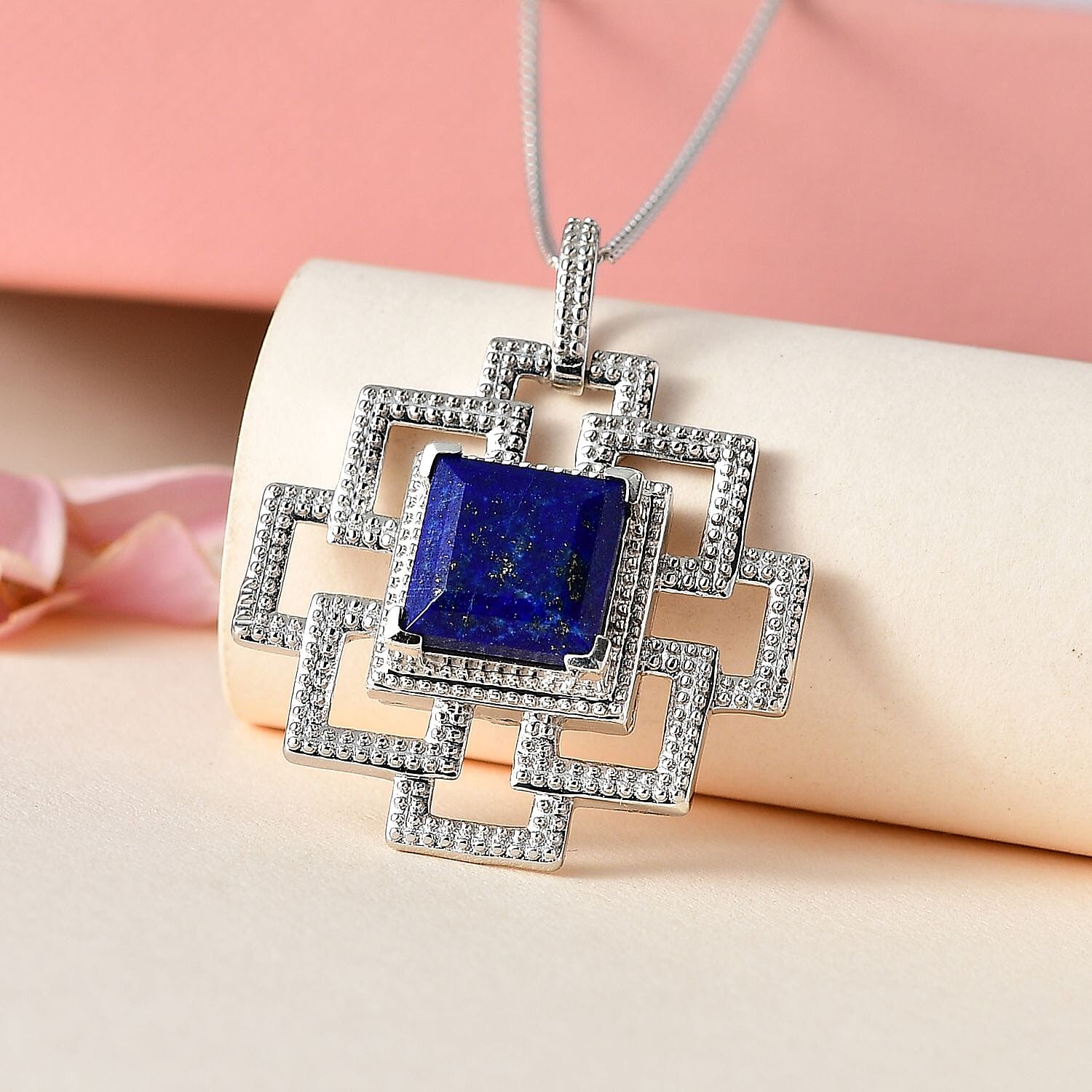 Lapis Lazuli Pendant with Chain (Size 20) in Platinum Overlay Sterling Silver 9.00 Ct, Silver Wt. 6.90 Gms 4253689 2