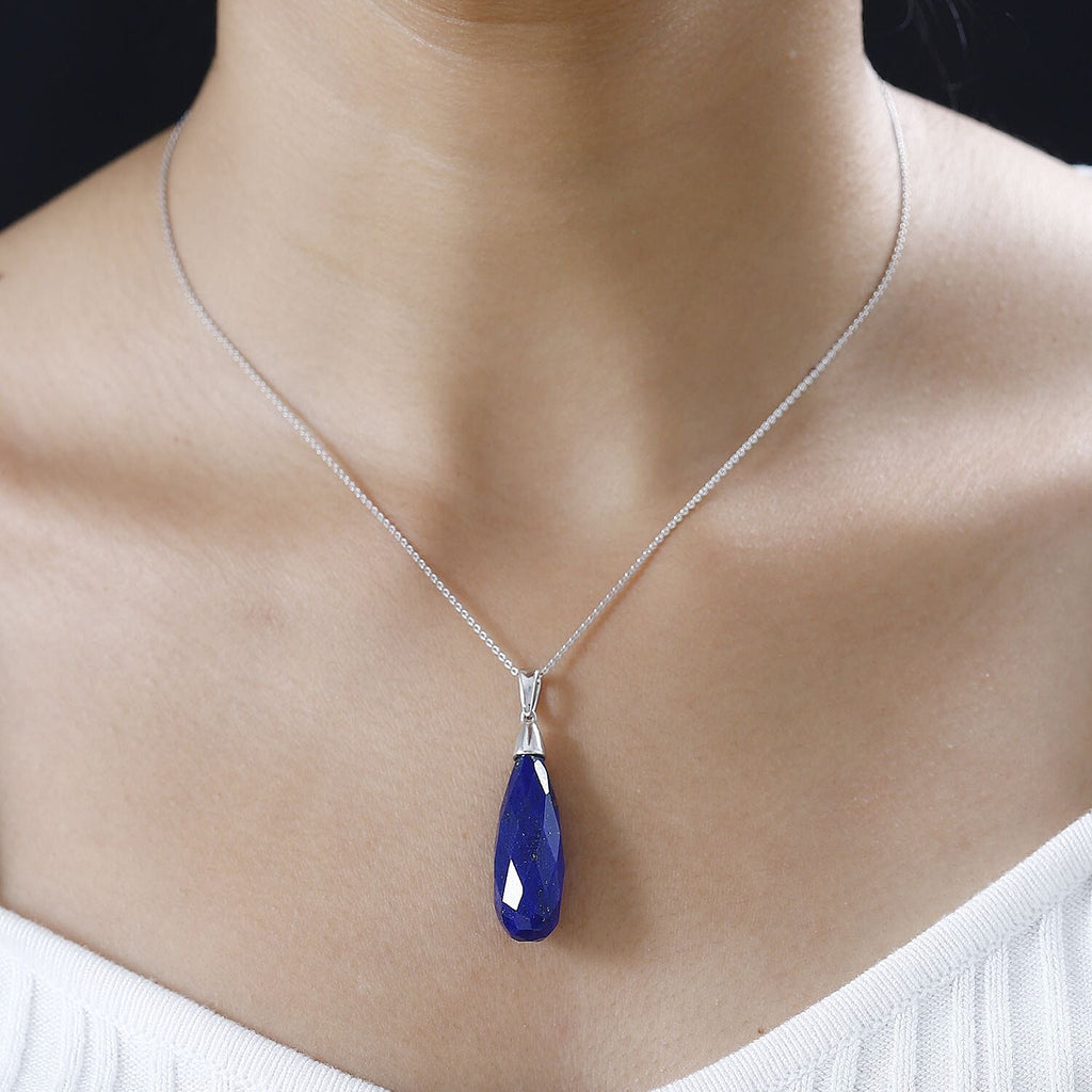 Lapis Lazuli Drop Pendant with Chain (Size 20) in Platinum Overlay Sterling Silver 21.00 Ct.