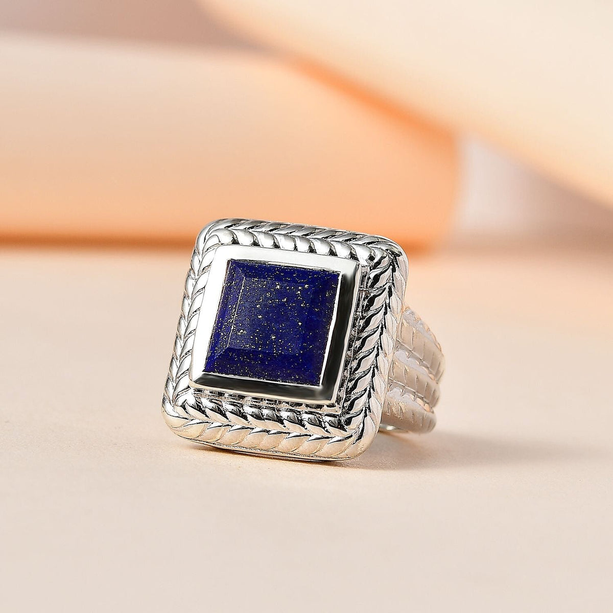 Lapis Lazuli Solitaire Halo Ring in Platinum Overlay Sterling Silver 5.04 Ct, Silver Wt. 9.0 Gms 7727069 1