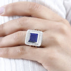 Lapis Lazuli Solitaire Halo Ring in Platinum Overlay Sterling Silver 5.04 Ct, Silver Wt. 9.0 Gms