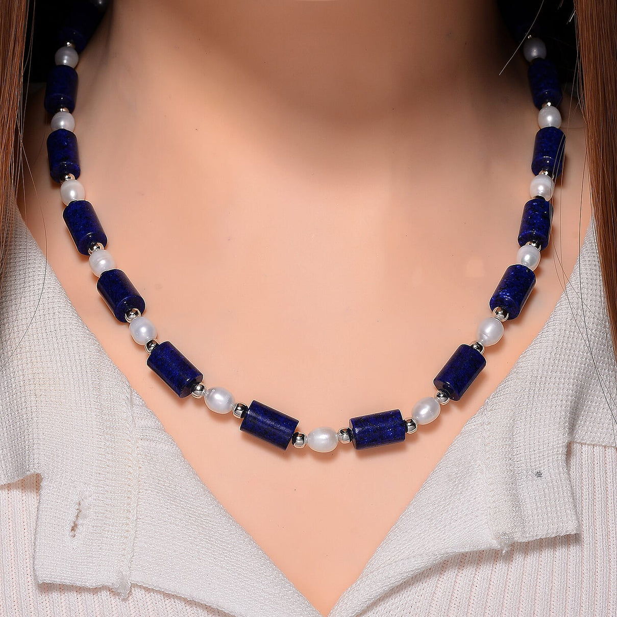 Lapis Lazuli &amp; White Fresh Water Pearl Necklace (Size - 18-2 Ext) With Lobster Clasp 150.00 Ct. 7983597 2