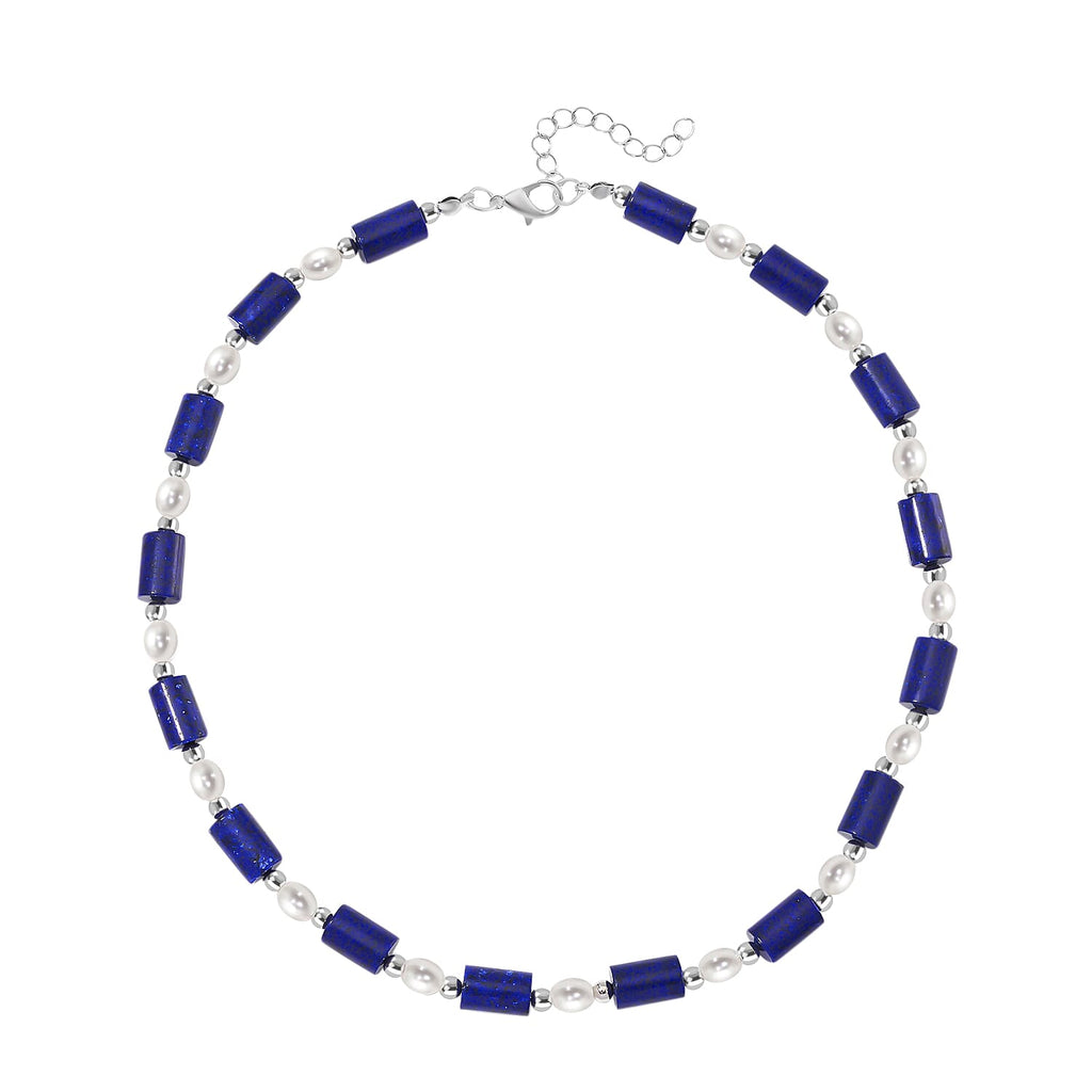 Lapis Lazuli & White Fresh Water Pearl Necklace (Size - 18-2 Ext) With Lobster Clasp 150.00 Ct.