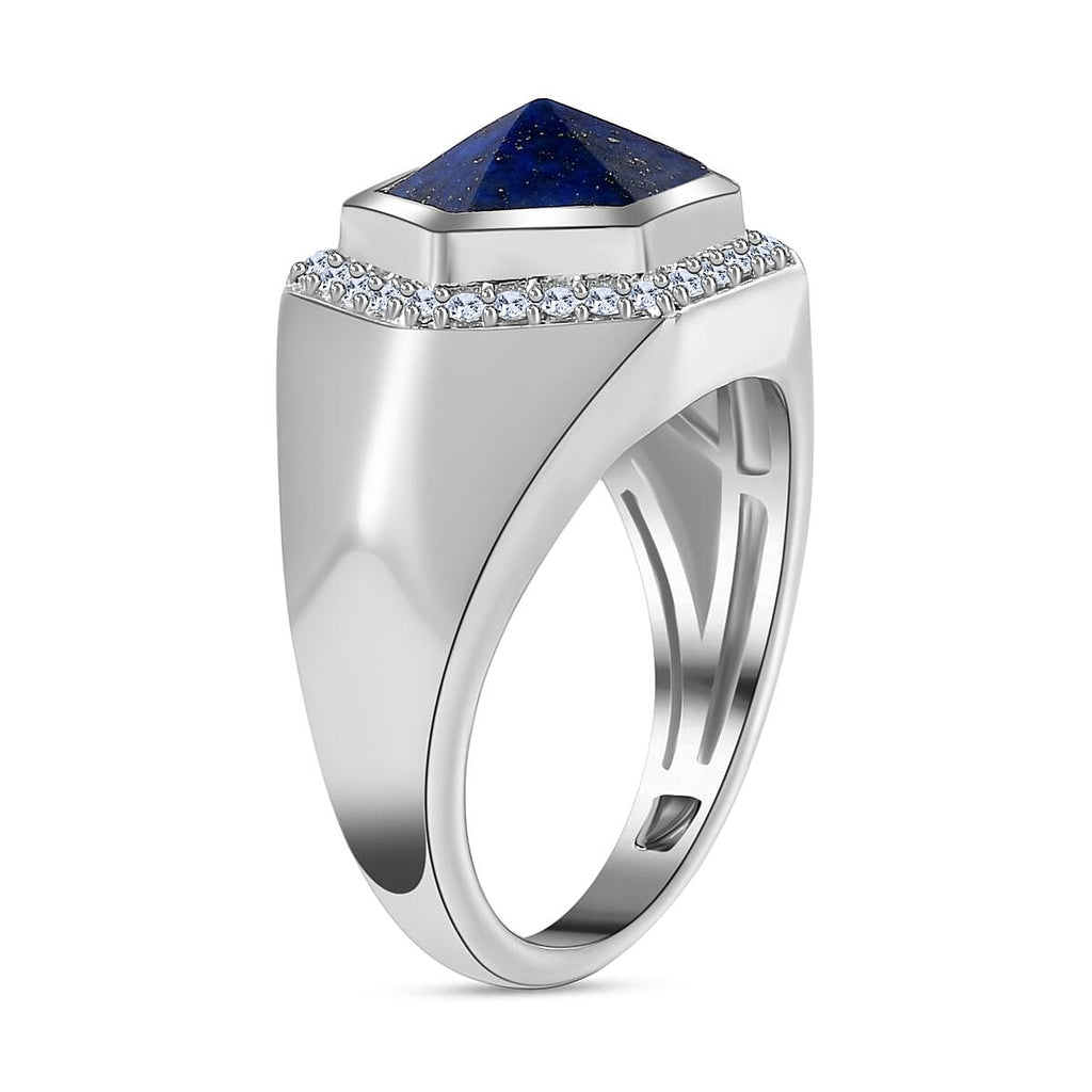 Lapis Lazuli & Natural Zircon Ring in Platinum Overlay Sterling Silver 8.22 Ct, Silver Wt. 8.22 Gms