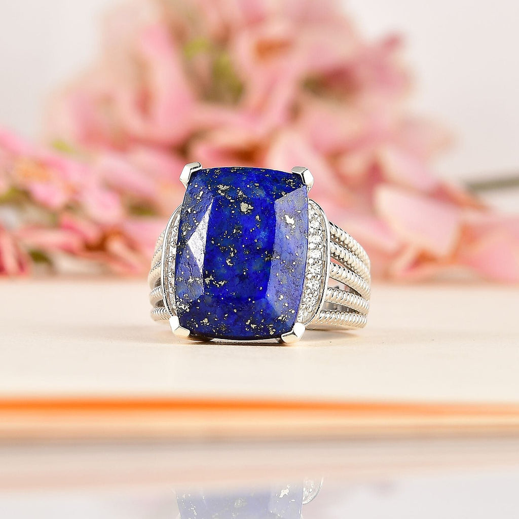 Lapis Lazuli & Natural Zircon Halo Ring in Platinum Overlay Sterling Silver 10.32 Ct, Silver Wt. 7.41 Gms
