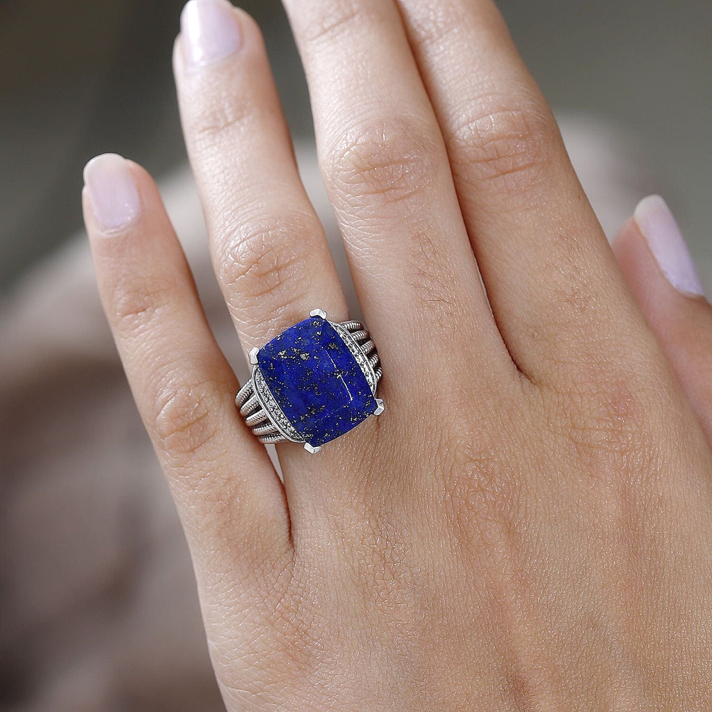 Lapis Lazuli & Natural Zircon Halo Ring in Platinum Overlay Sterling Silver 10.32 Ct, Silver Wt. 7.41 Gms