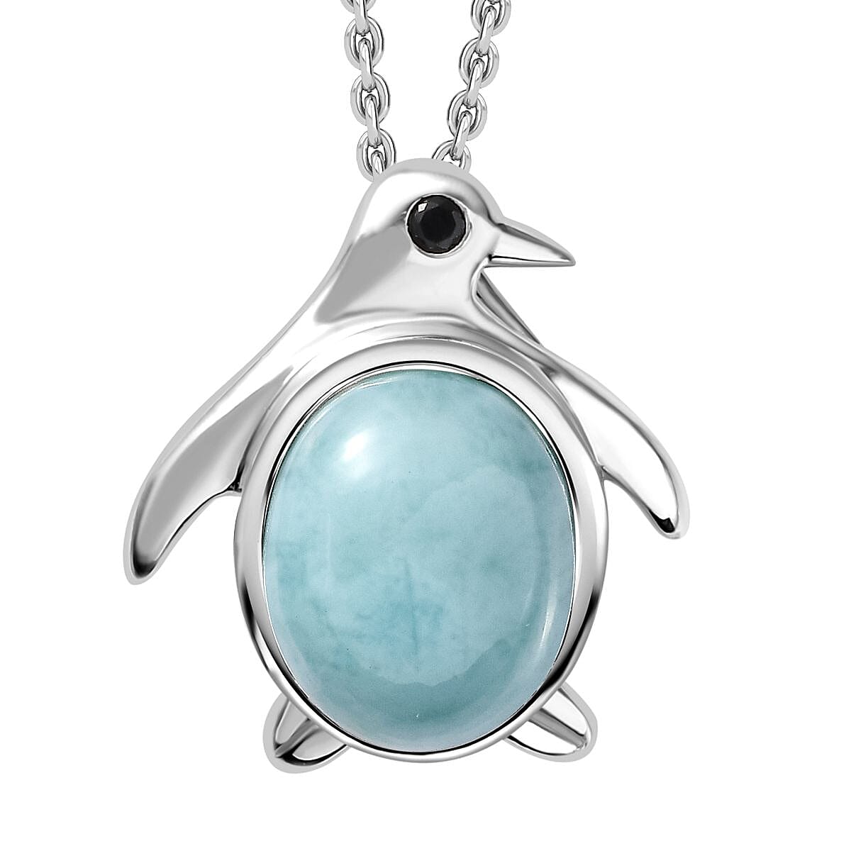 Larimar, Black Spinel Penguin Pendant with Chain (Size 20) in Rhodium Overlay Sterling Silver 4290946 0