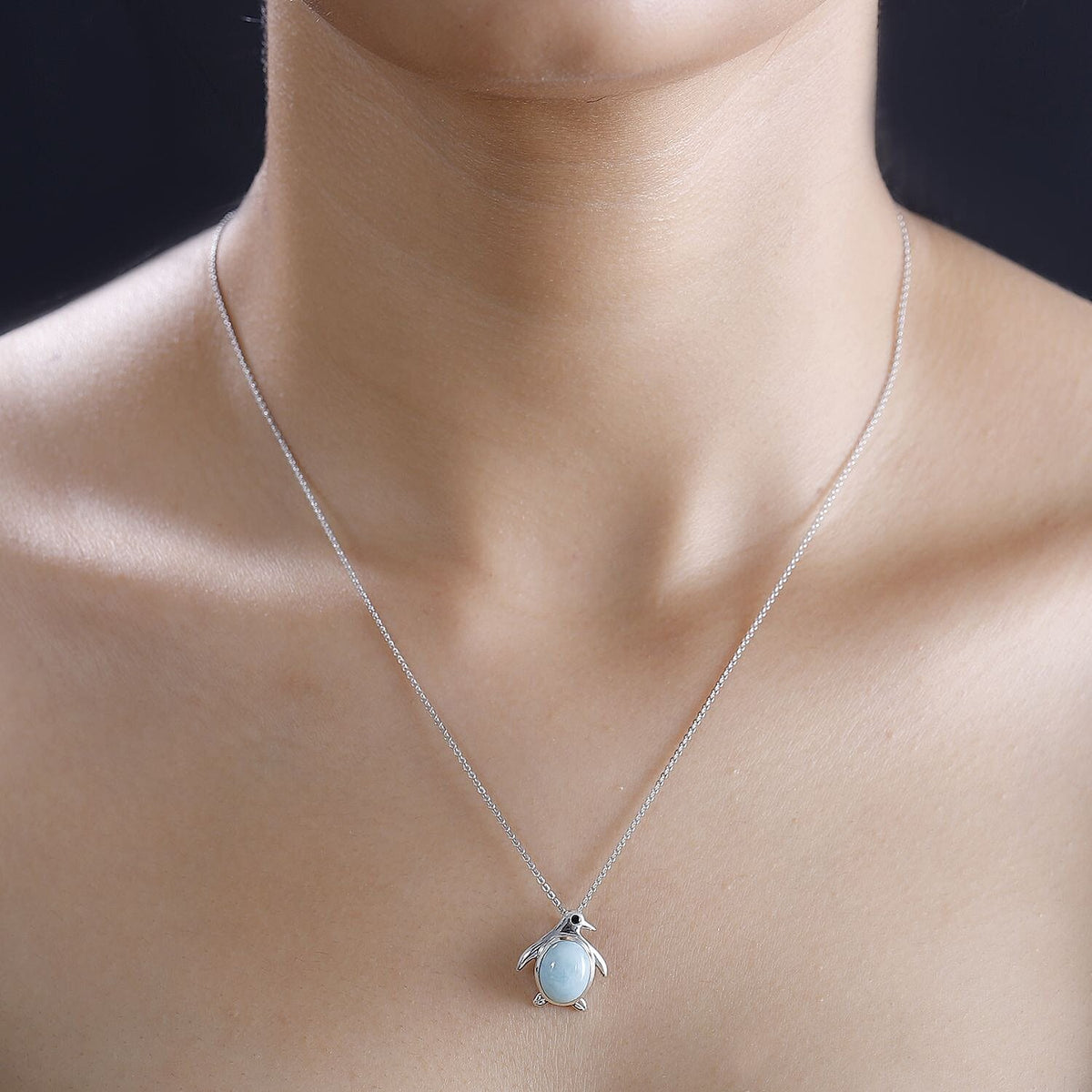 Larimar, Black Spinel Penguin Pendant with Chain (Size 20) in Rhodium Overlay Sterling Silver 4290946 2
