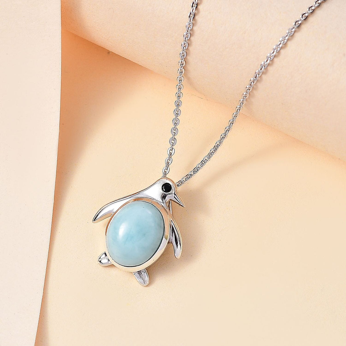 Larimar, Black Spinel Penguin Pendant with Chain (Size 20) in Rhodium Overlay Sterling Silver 4290946 3