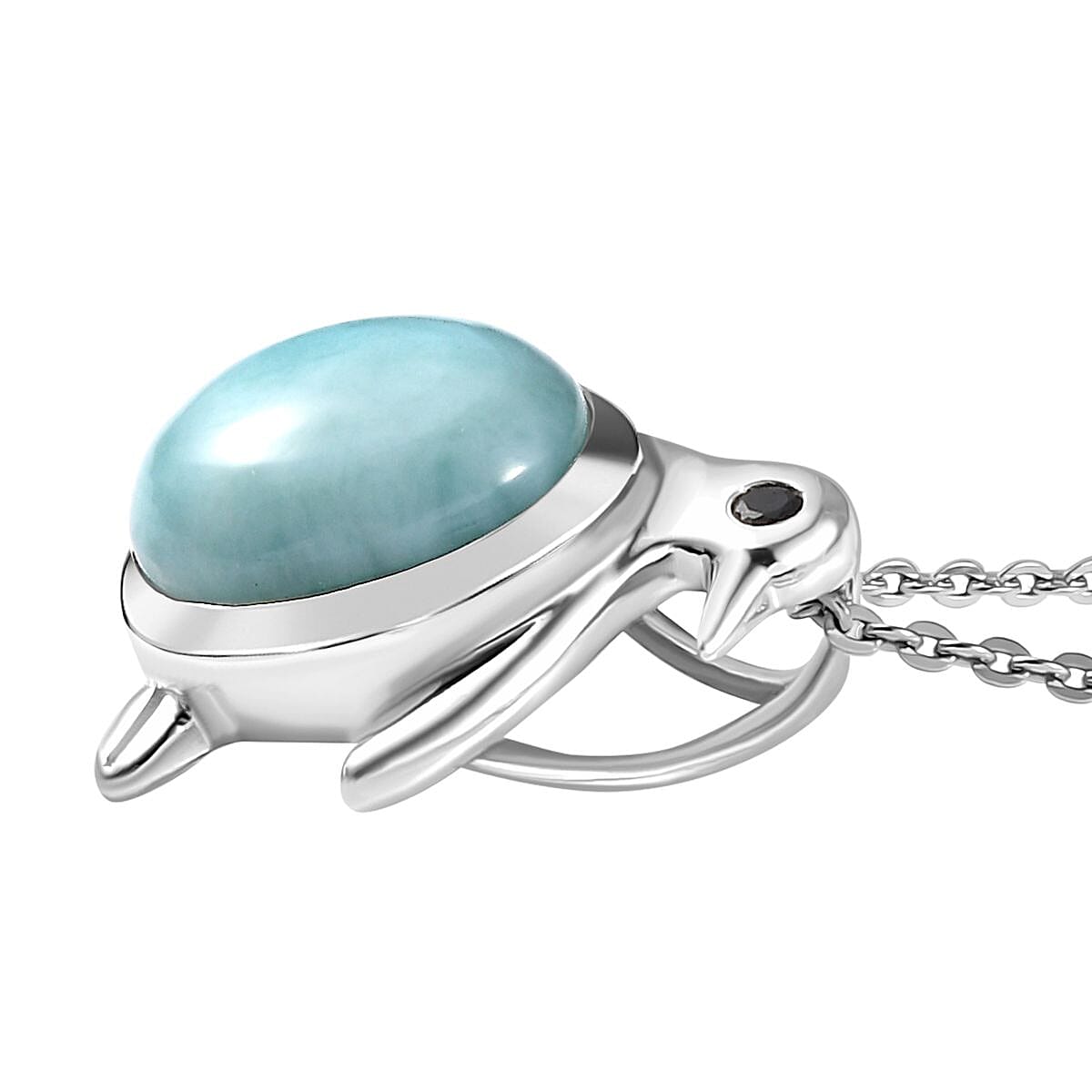 Larimar, Black Spinel Penguin Pendant with Chain (Size 20) in Rhodium Overlay Sterling Silver 4290946 4