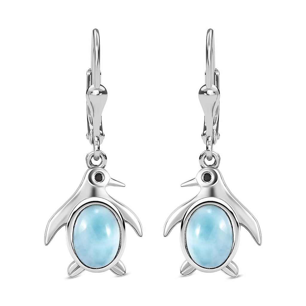 Larimar ,  Black Spinel  Solitaire Lever Back Earring in rhodium Sterling Silver 2.85 ct  3.086  Ct.