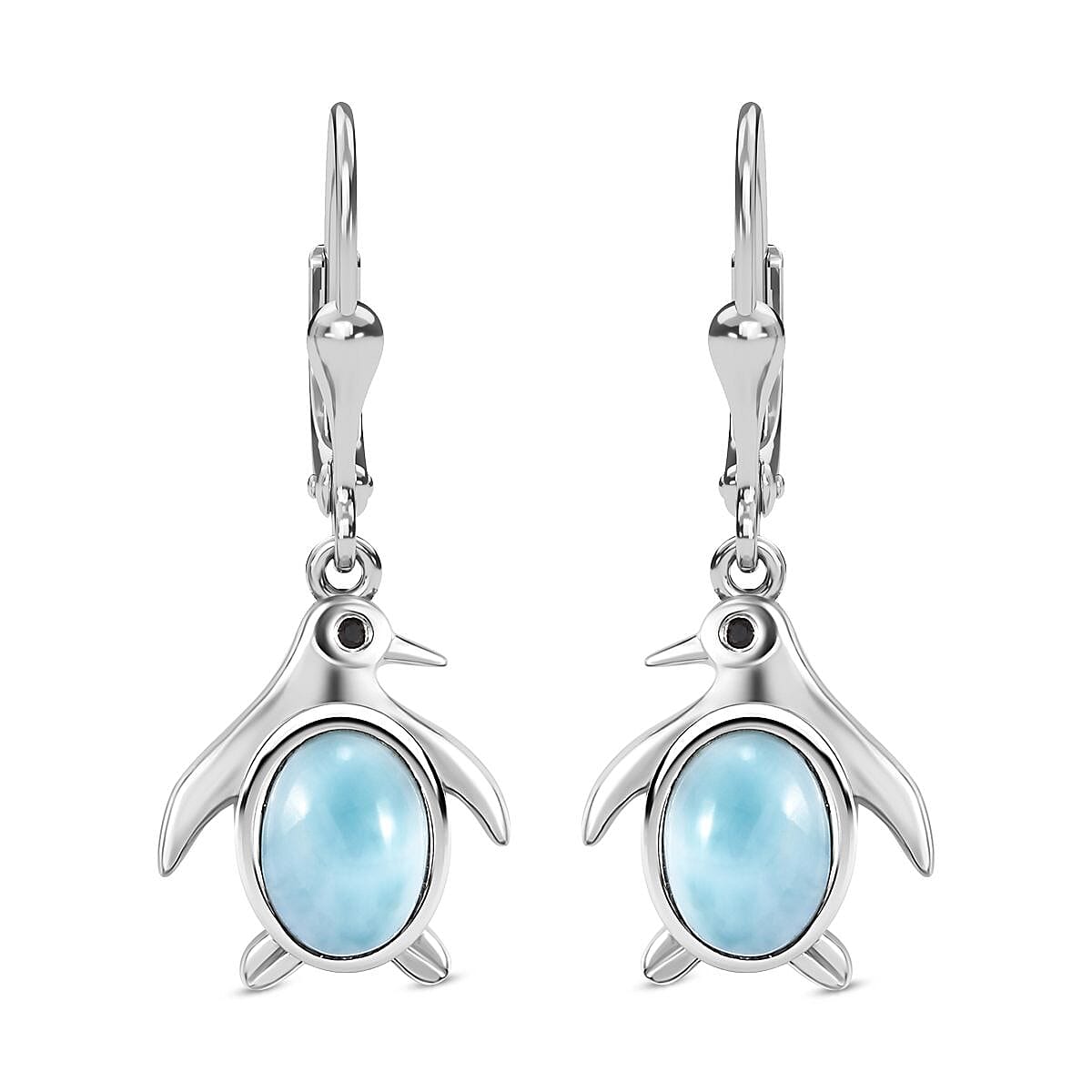 Larimar, Black Spinel Penguin Earrings in Rhodium Overlay Sterling Silver 7829926 0
