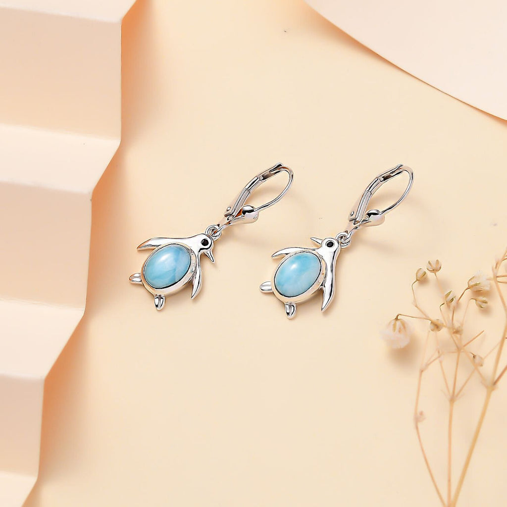 Larimar ,  Black Spinel  Solitaire Lever Back Earring in rhodium Sterling Silver 2.85 ct  3.086  Ct.