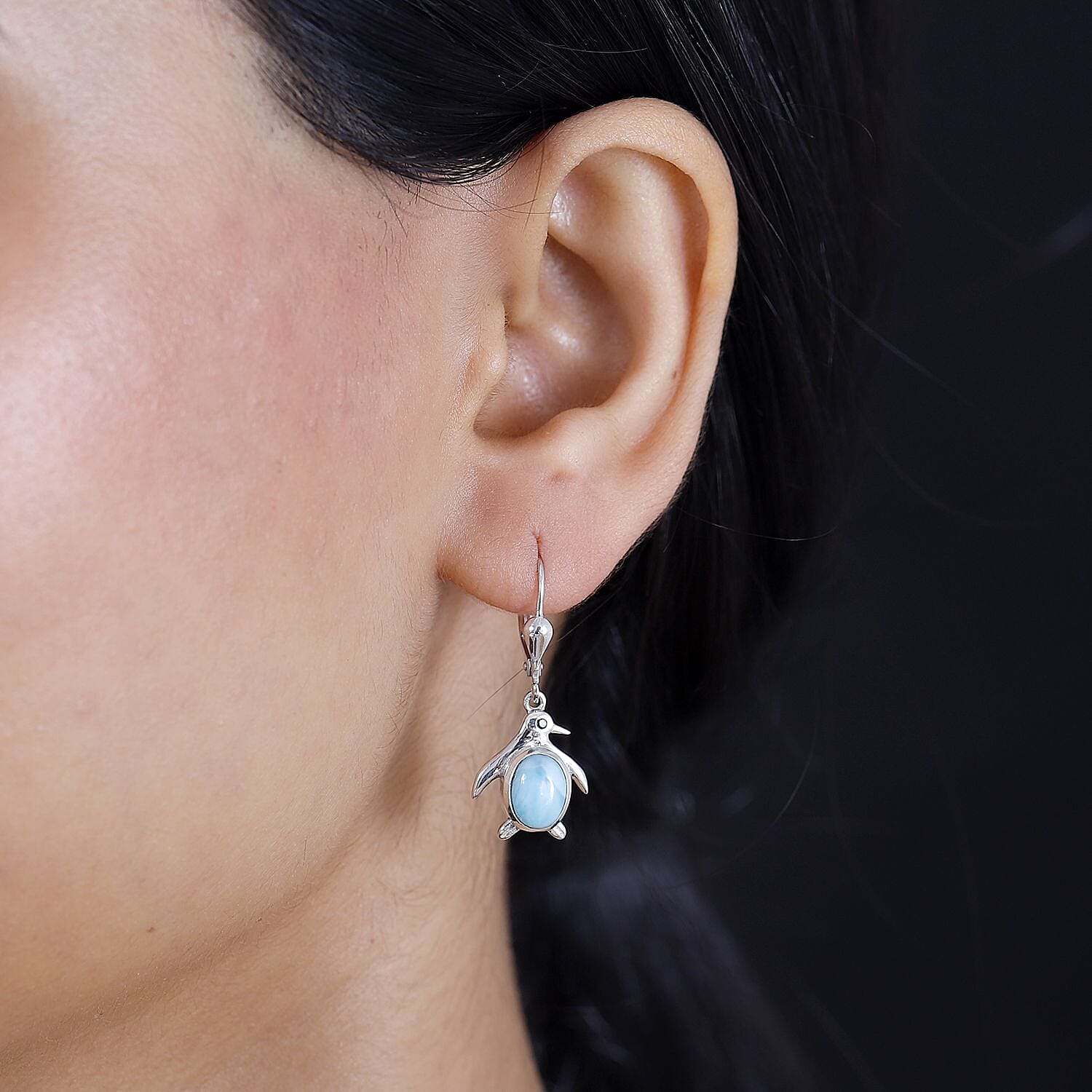 Larimar, Black Spinel Penguin Earrings in Rhodium Overlay Sterling Silver 7829926 3
