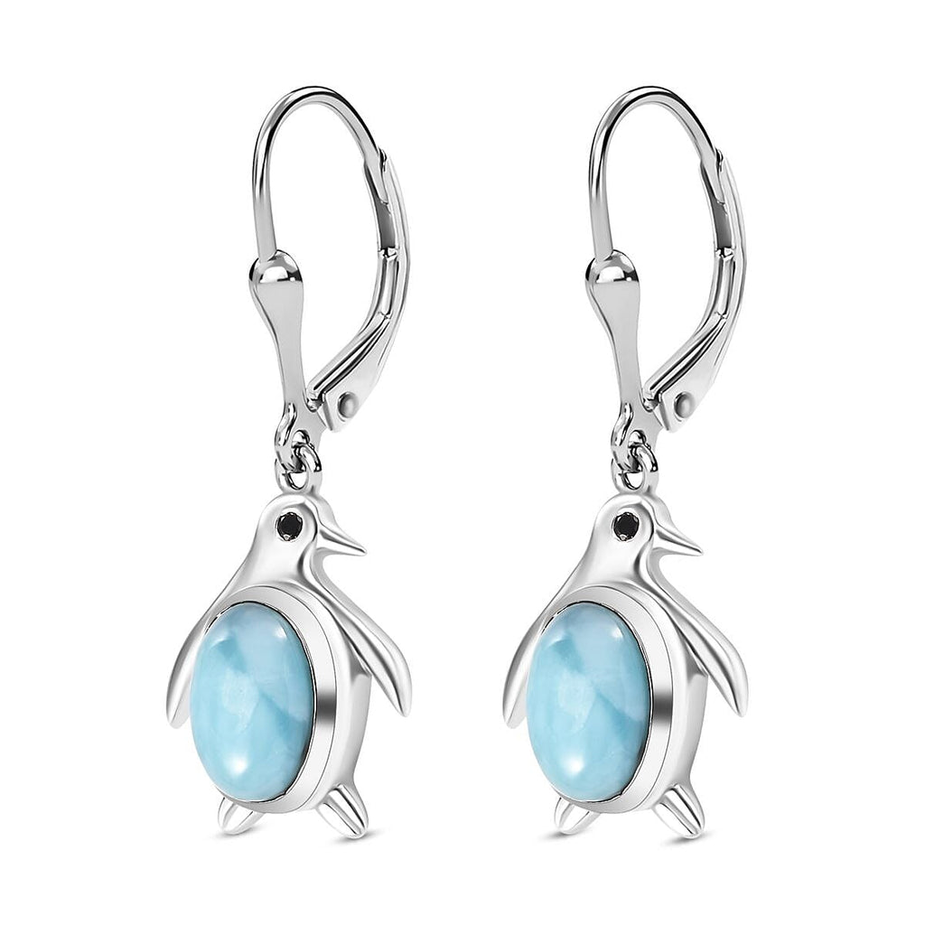 Larimar ,  Black Spinel  Solitaire Lever Back Earring in rhodium Sterling Silver 2.85 ct  3.086  Ct.