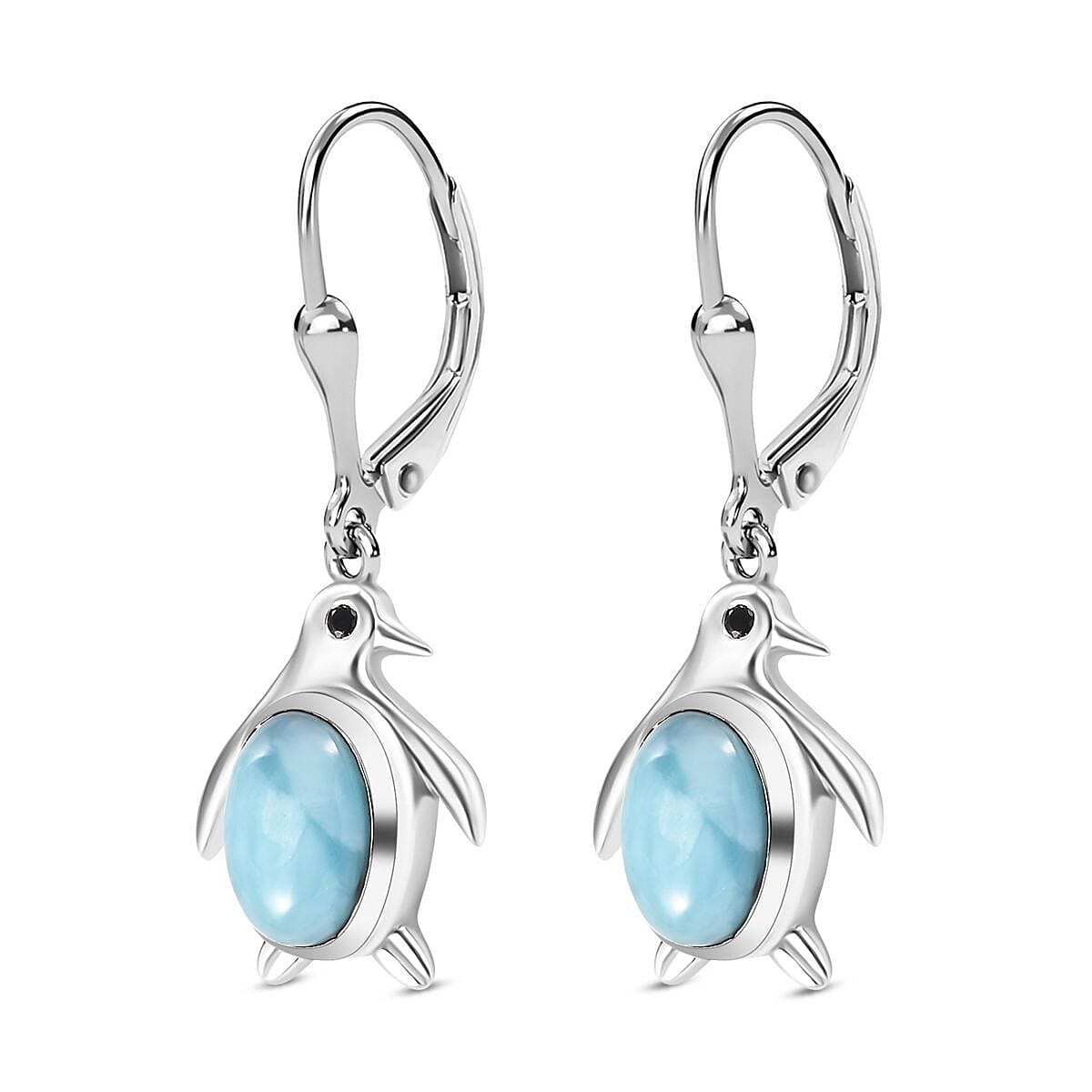 Larimar, Black Spinel Penguin Earrings in Rhodium Overlay Sterling Silver 7829926 4