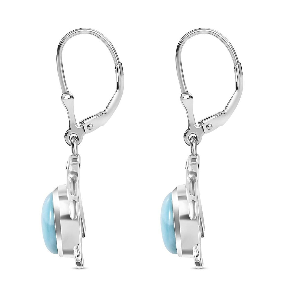 Larimar ,  Black Spinel  Solitaire Lever Back Earring in rhodium Sterling Silver 2.85 ct  3.086  Ct.