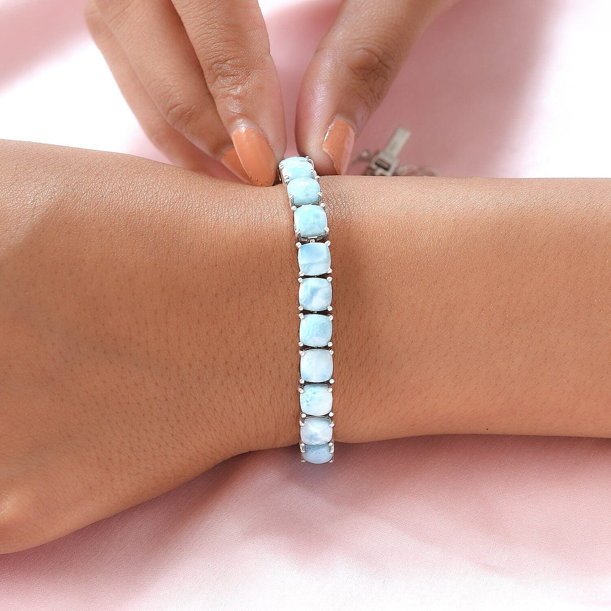 Larimar Tennis Bracelet (Size - 8) in Platinum Overlay Sterling Silver 35.00 Ct, Silver Wt. 13.27 Gms. 7169951 2