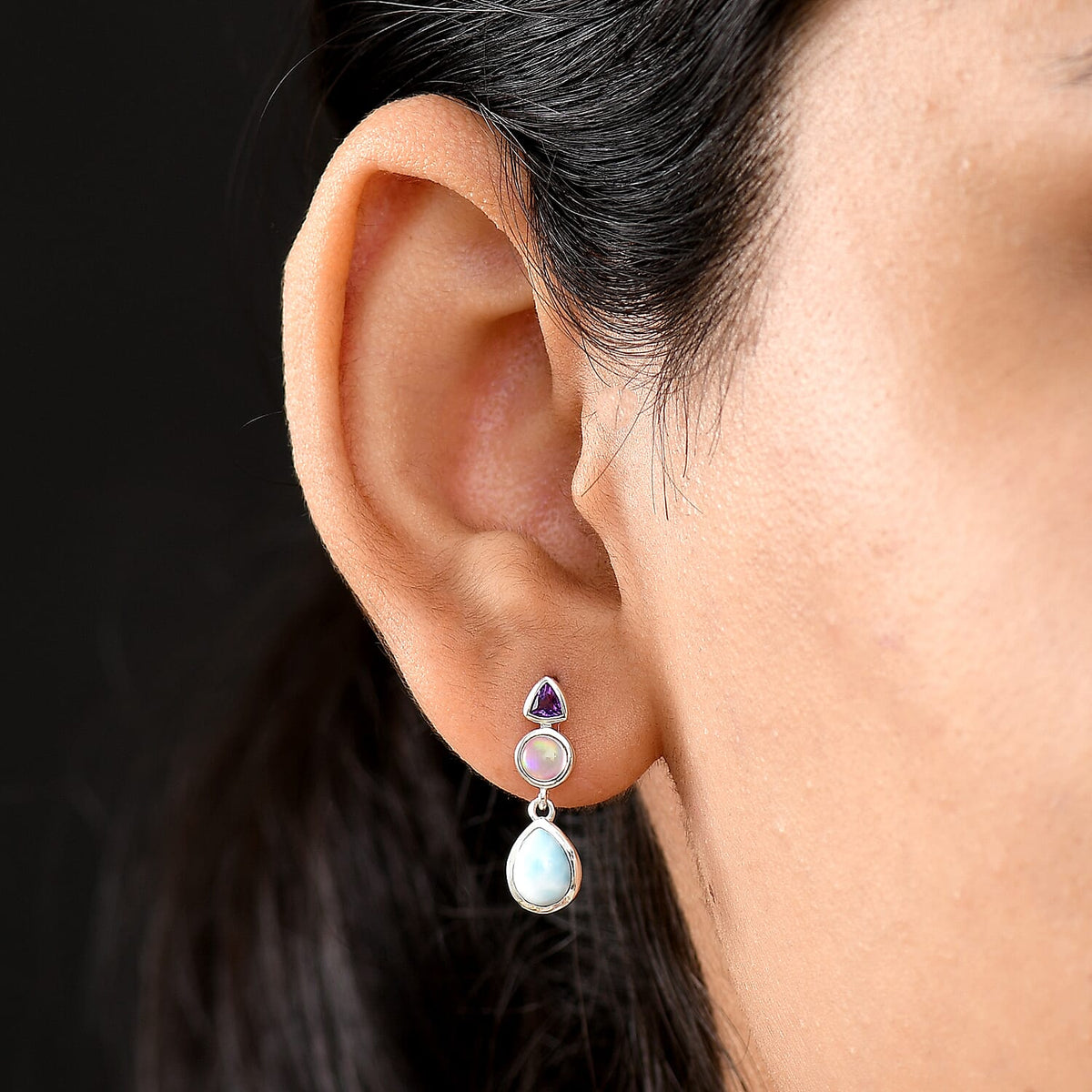 Larimar, Ethiopian Opal &amp; African Amethyst Stud Push Post Ethereal Drops Earring in Rhodium Overlay Sterling Silver 2.31 Ct. 8195026 3