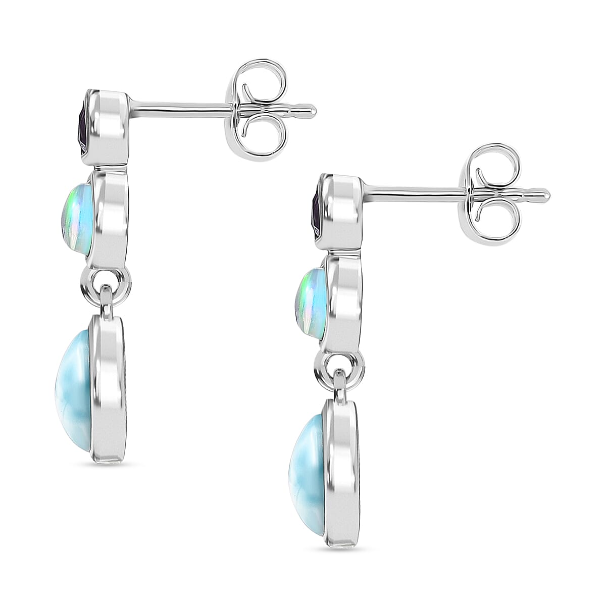 Larimar, Ethiopian Opal &amp; African Amethyst Stud Push Post Ethereal Drops Earring in Rhodium Overlay Sterling Silver 2.31 Ct. 8195026 4