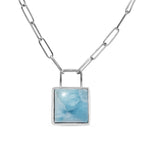 Larimar Solitaire Lock Necklace (Size - 20) in Platinum Overlay Sterling Silver 15.60 Ct, Silver Wt 9.50 Gms