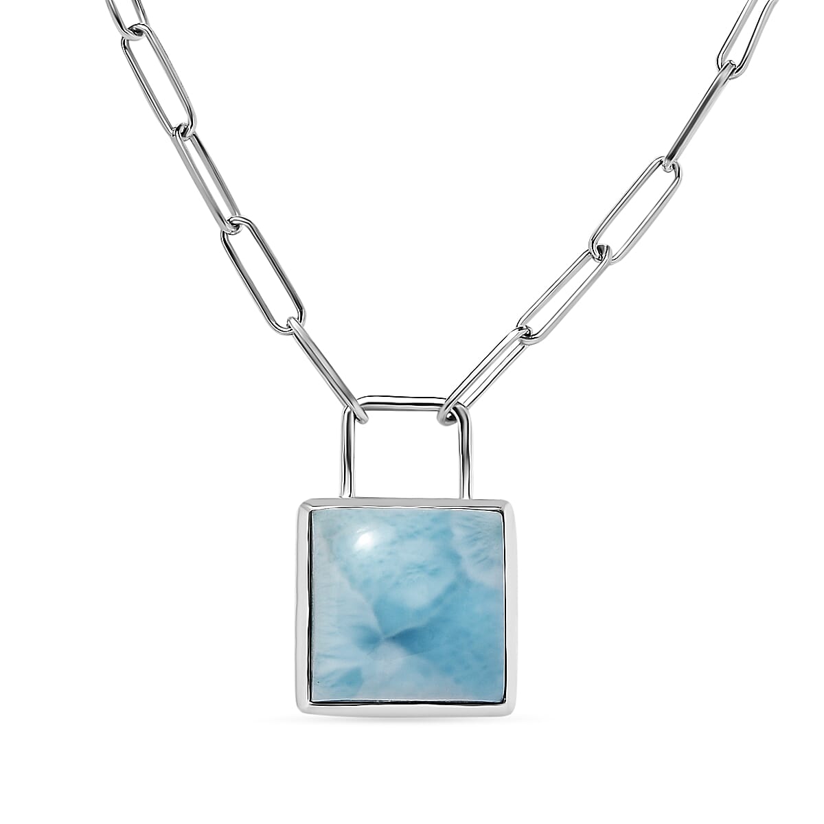 Larimar Solitaire Lock Necklace (Size - 20) in Platinum Overlay Sterling Silver 15.60 Ct, Silver Wt 9.50 Gms 7601182 0
