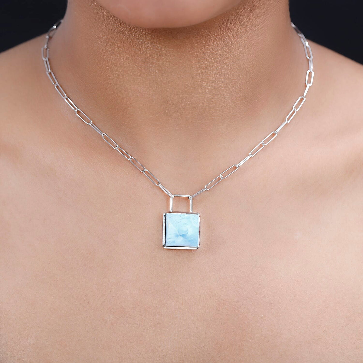 Larimar Solitaire Lock Necklace (Size - 20) in Platinum Overlay Sterling Silver 15.60 Ct, Silver Wt 9.50 Gms 7601182 2